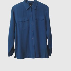 Notations Women's Silk Blue Button Down Dressy Career Wear to Work Blouse Medium